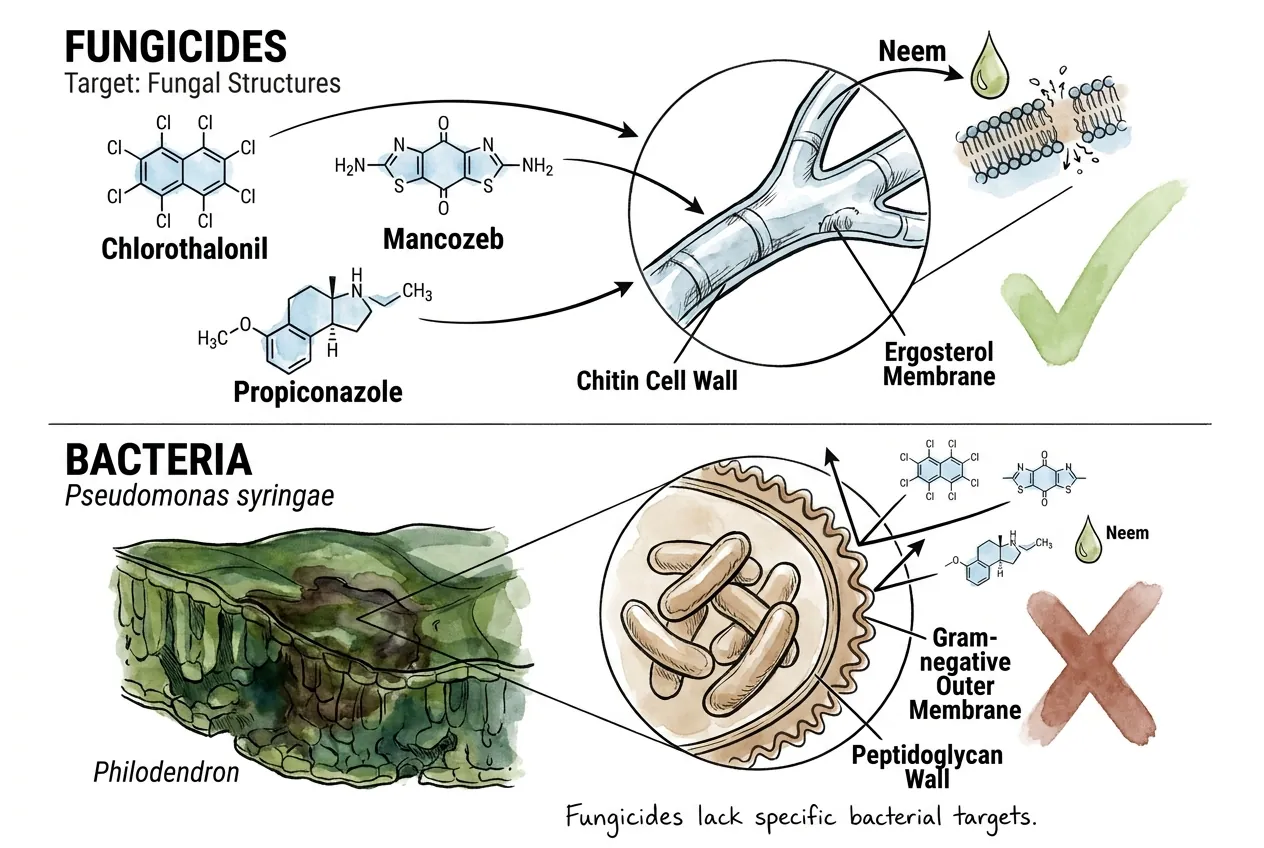 Fungicide spray droplets deflecting off bacterial cell outer membrane