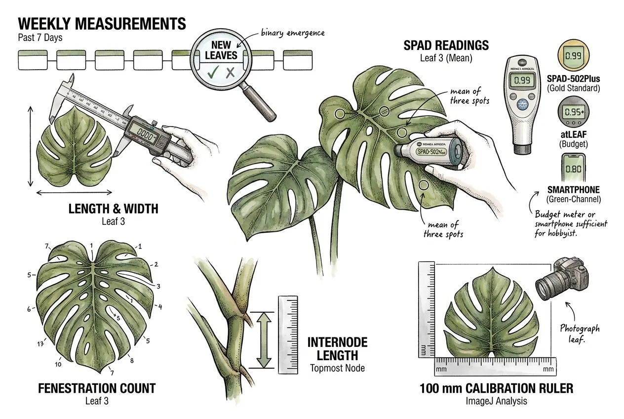 SPAD meter and digital caliper measuring Monstera leaf