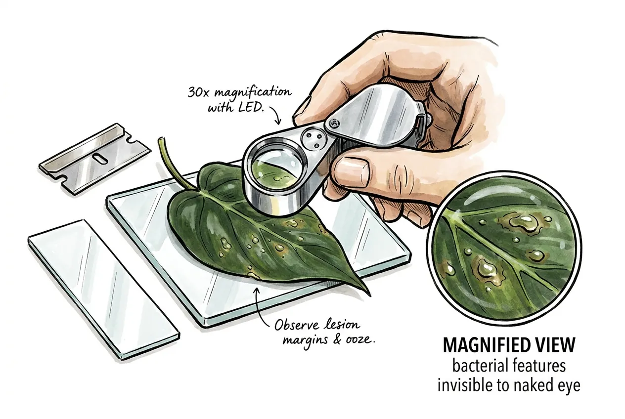 Razor blade glass slide and lighted jeweler loupe on bench