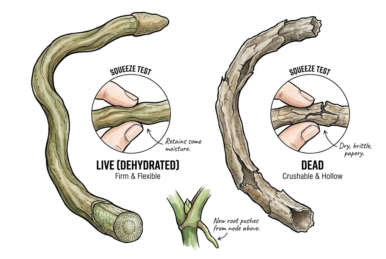 Squeeze test comparing firm living root against crushable dead tip