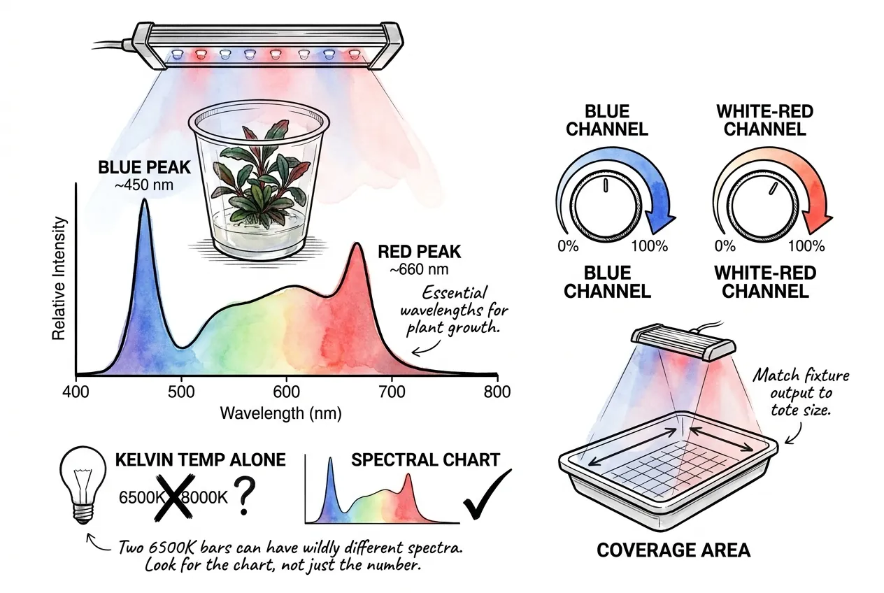 LED fixture spectral chart showing distinct blue and red peaks