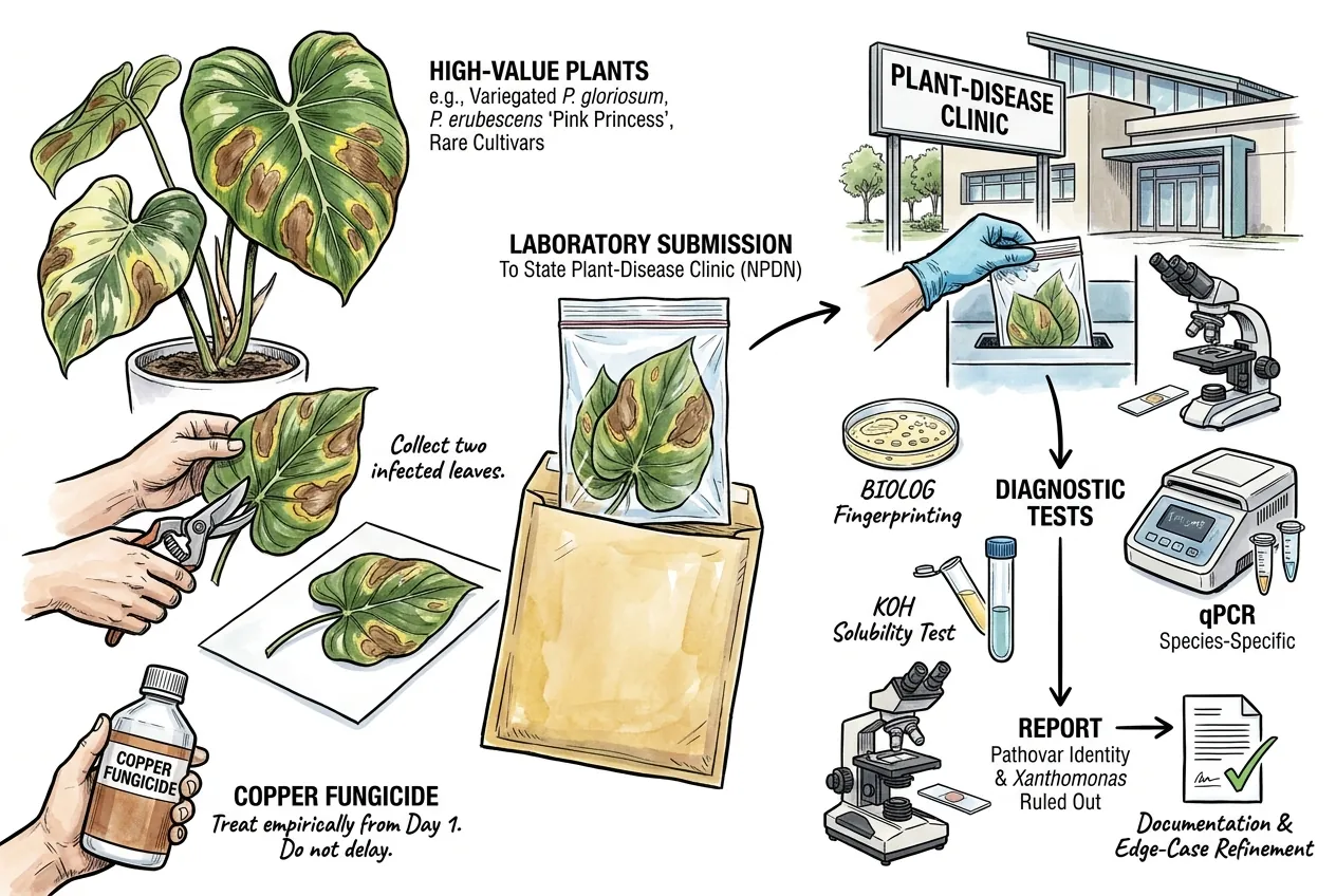 Infected philodendron leaves sealed in padded mailer for lab submission