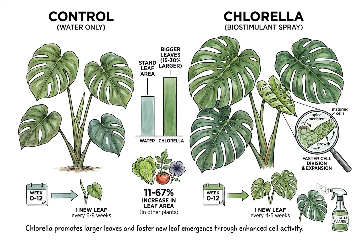 Side-by-side Monstera leaves showing Chlorella size advantage