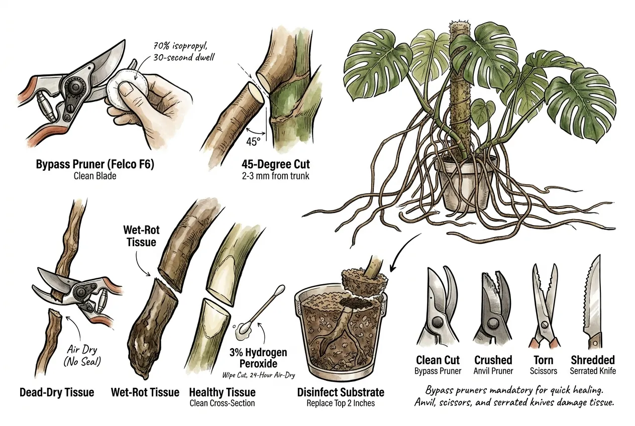 Sterile 45-degree bypass pruner cut near trunk on aerial root