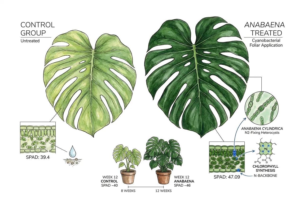 Monstera leaves comparing chlorophyll density under Anabaena treatment