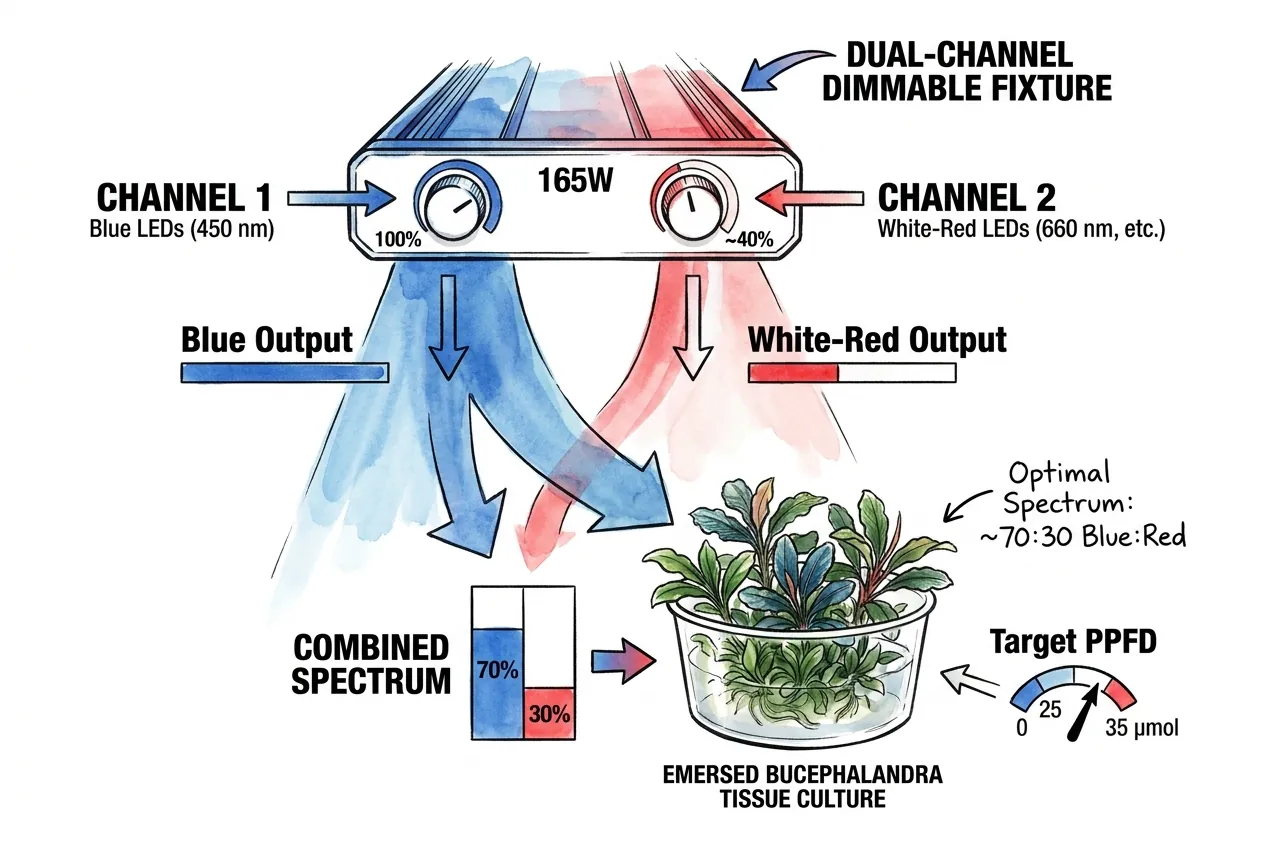 Dual-channel dimmable LED panel illuminating emersed Bucephalandra setup