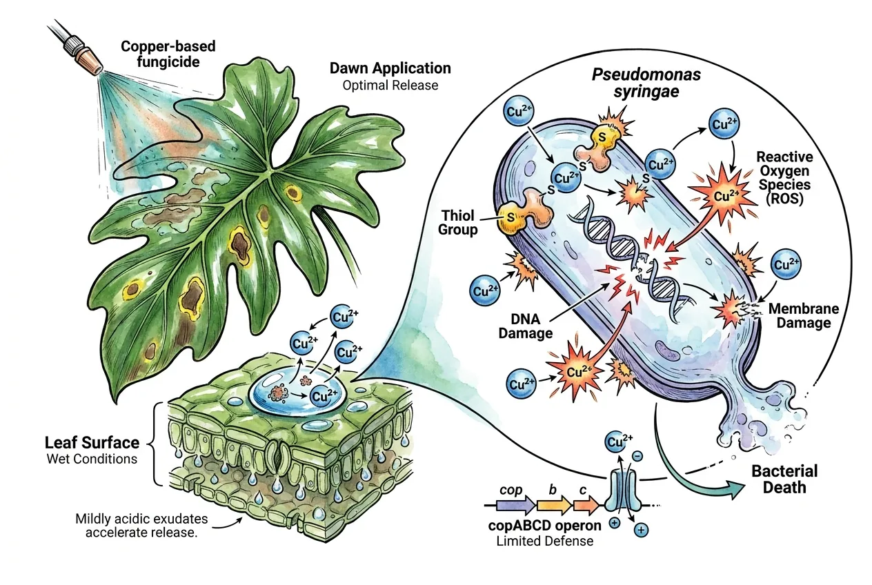 Copper ions binding to bacterial membrane proteins on wet leaf