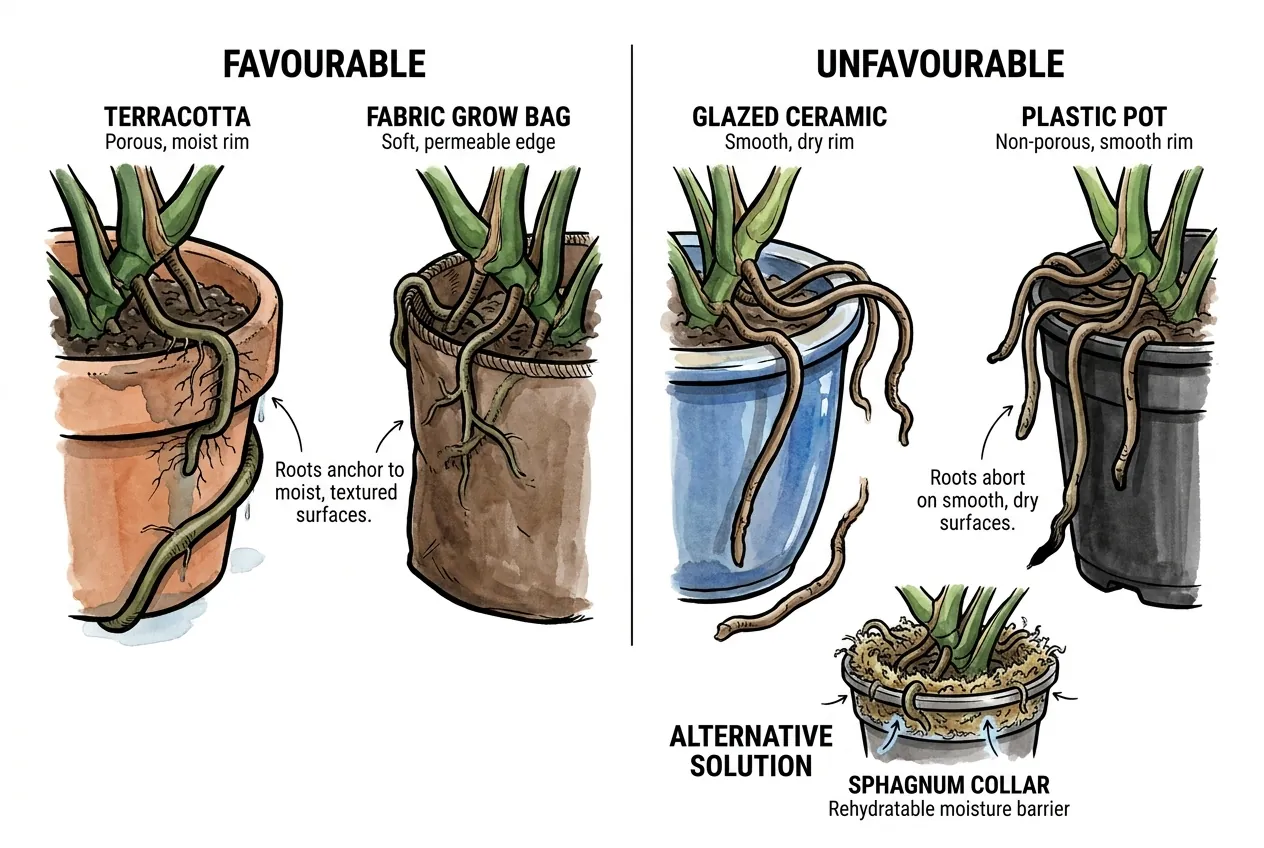 Terracotta, fabric, and plastic pot rims compared for root attachment