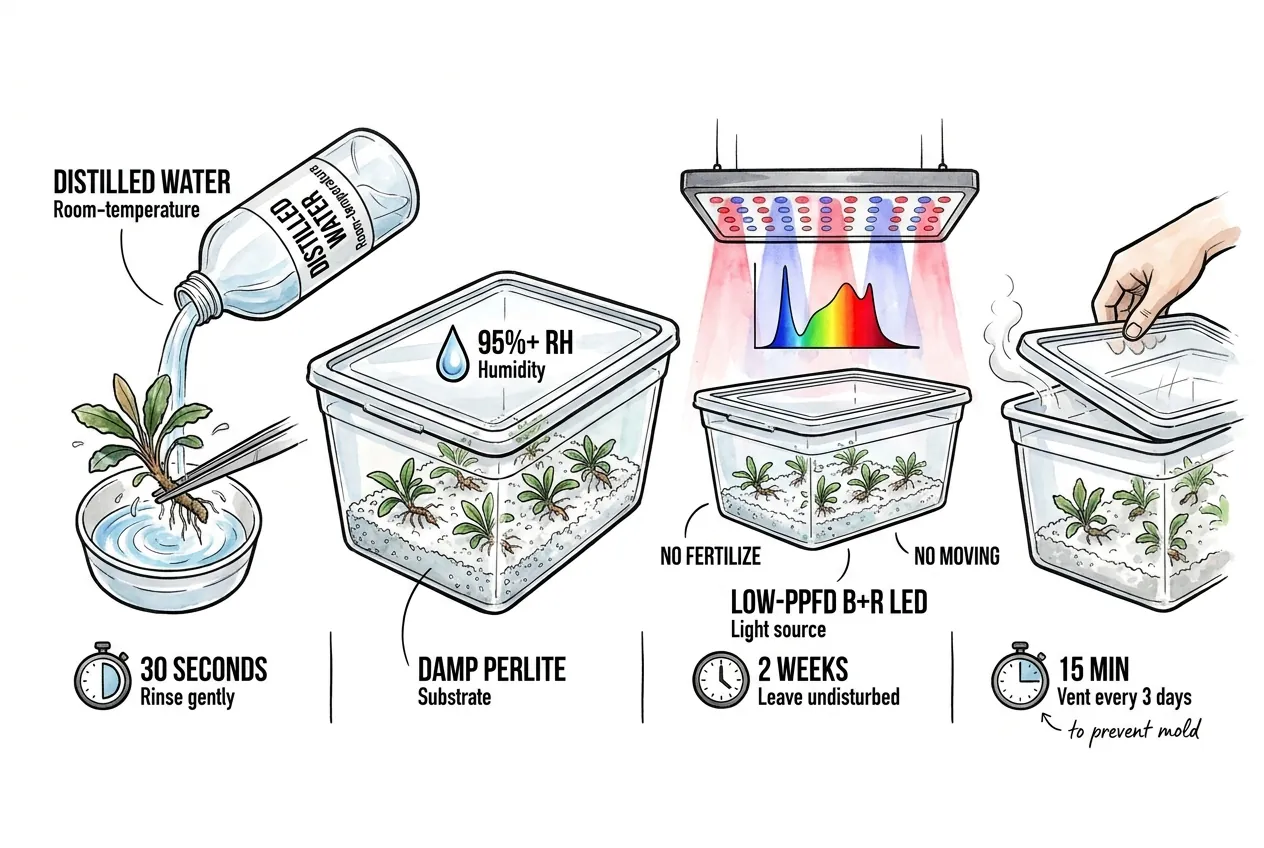 Rinsing tissue-culture plantlets and placing them on damp perlite
