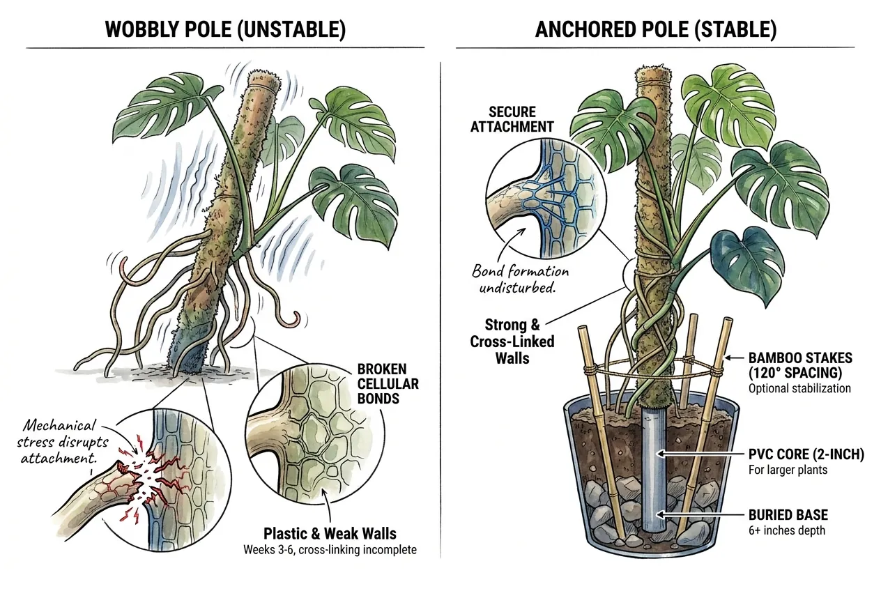 Pole buried deep and anchored with bamboo stakes against wobble