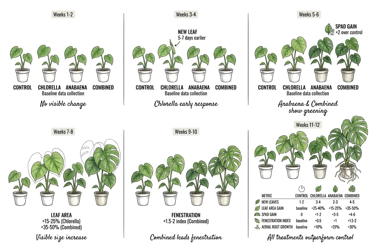 Twelve-week timeline of Monstera growth across four trial groups