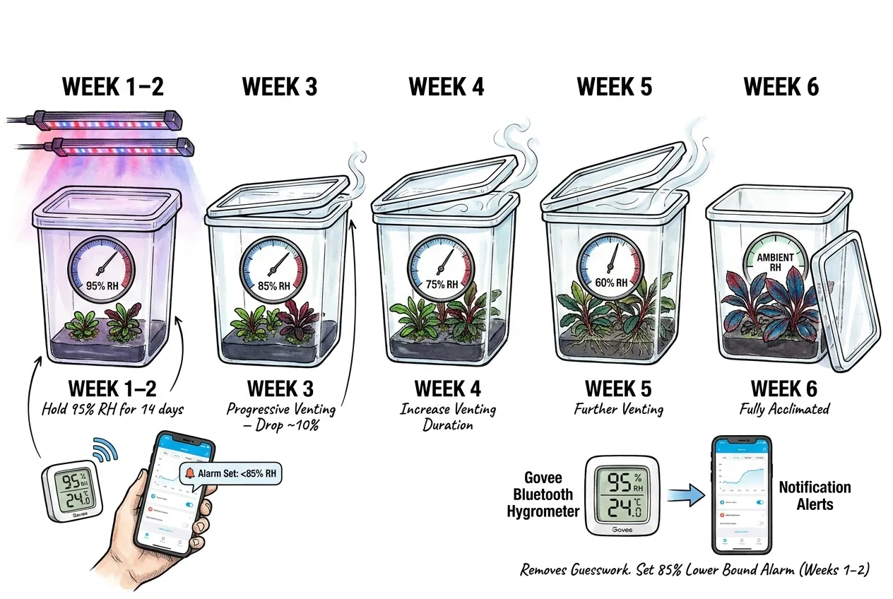 Weekly humidity reduction schedule for acclimatizing emersed plantlets