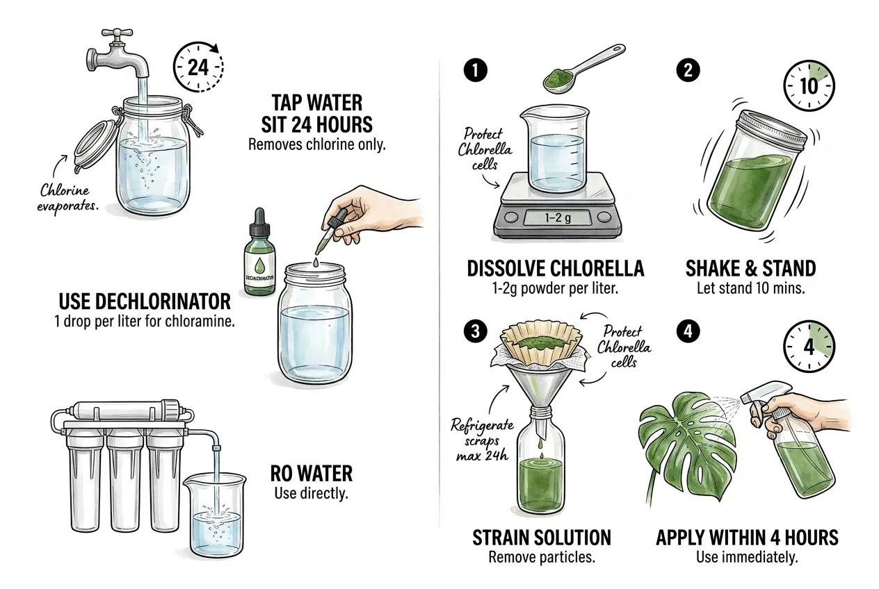 Mixing Chlorella powder into dechlorinated water for foliar spray