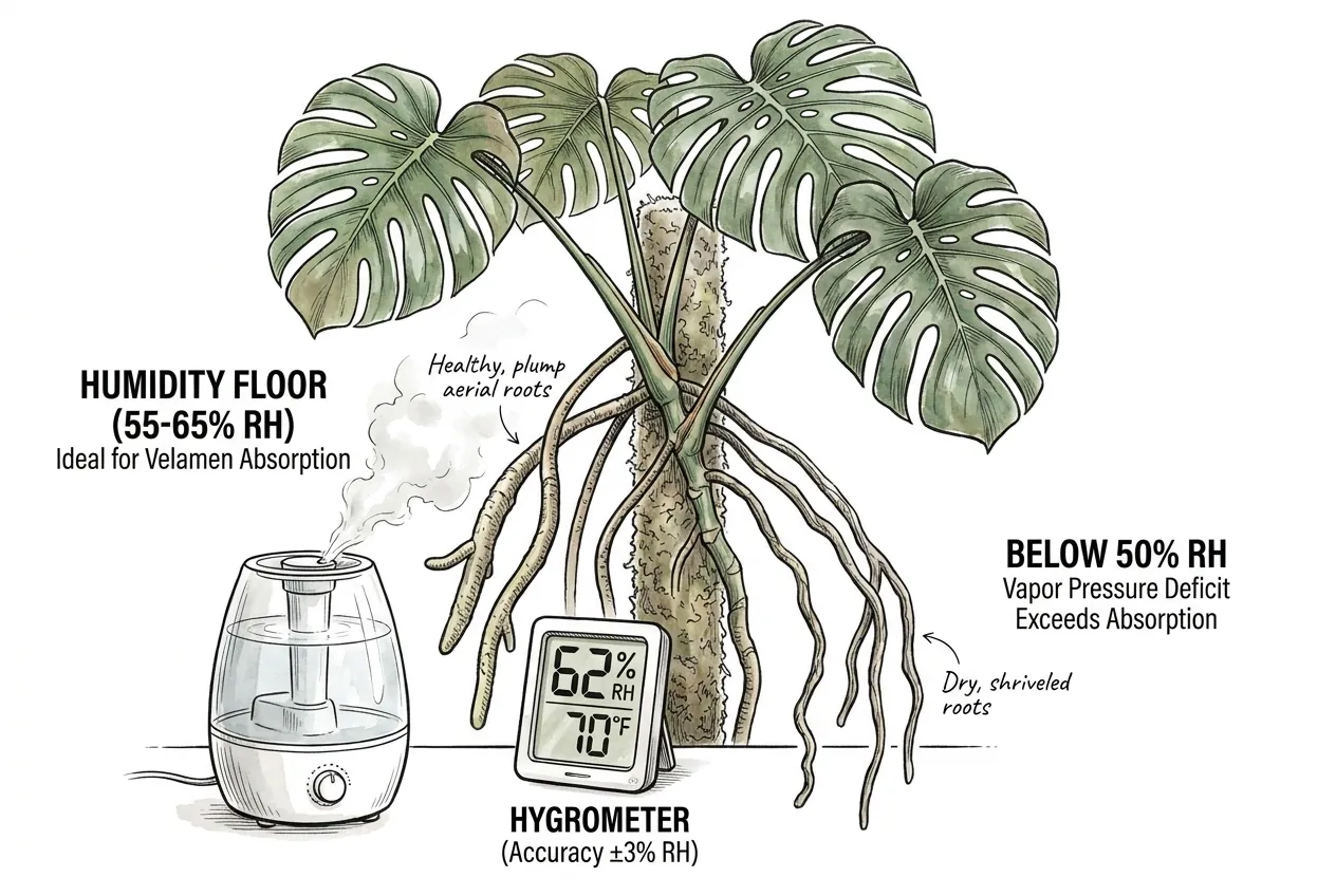 Hygrometer at canopy height showing 55 to 65 percent humidity
