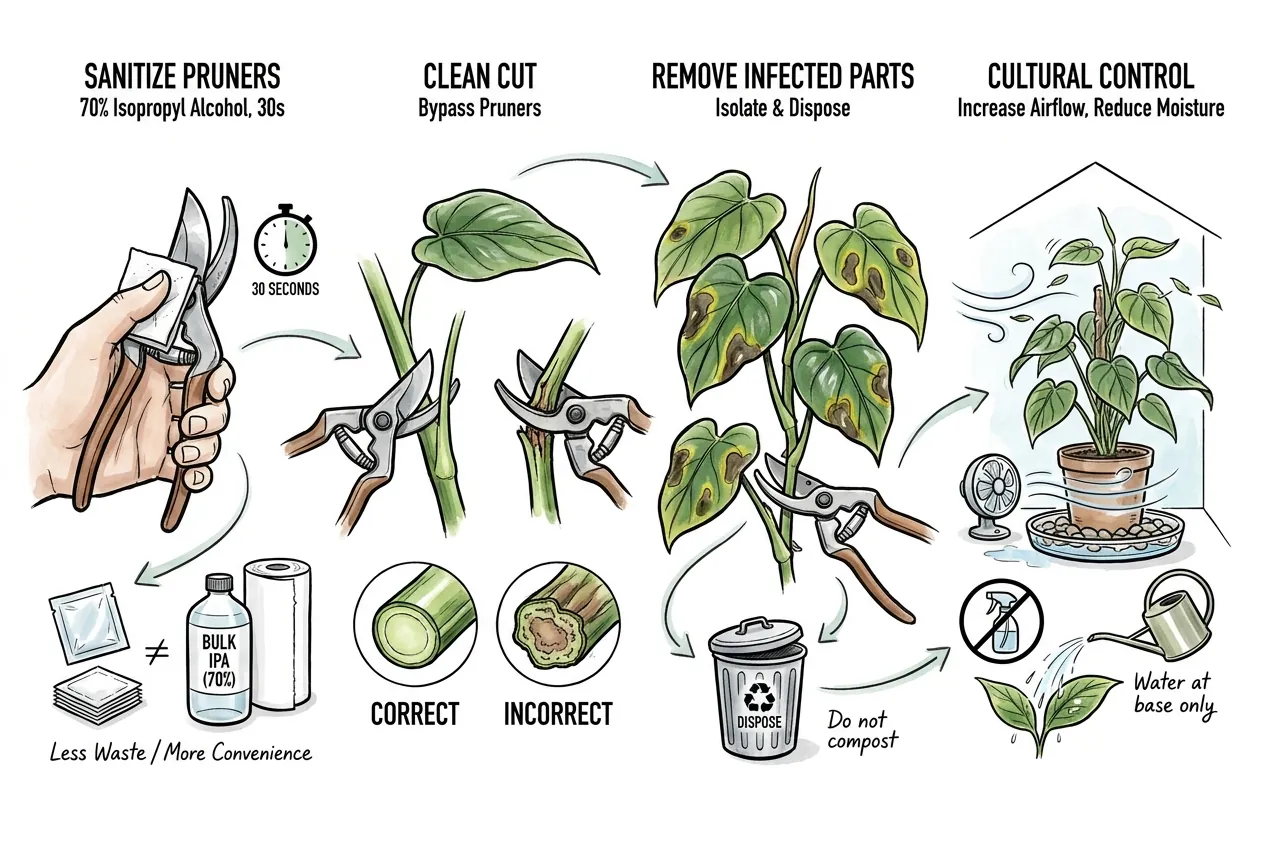 Alcohol prep pad wiping bypass pruner blade between plants
