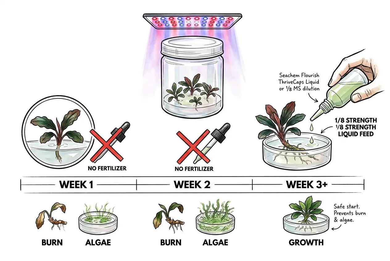 Diluted liquid fertilizer applied to acclimatized Bucephalandra rhizome