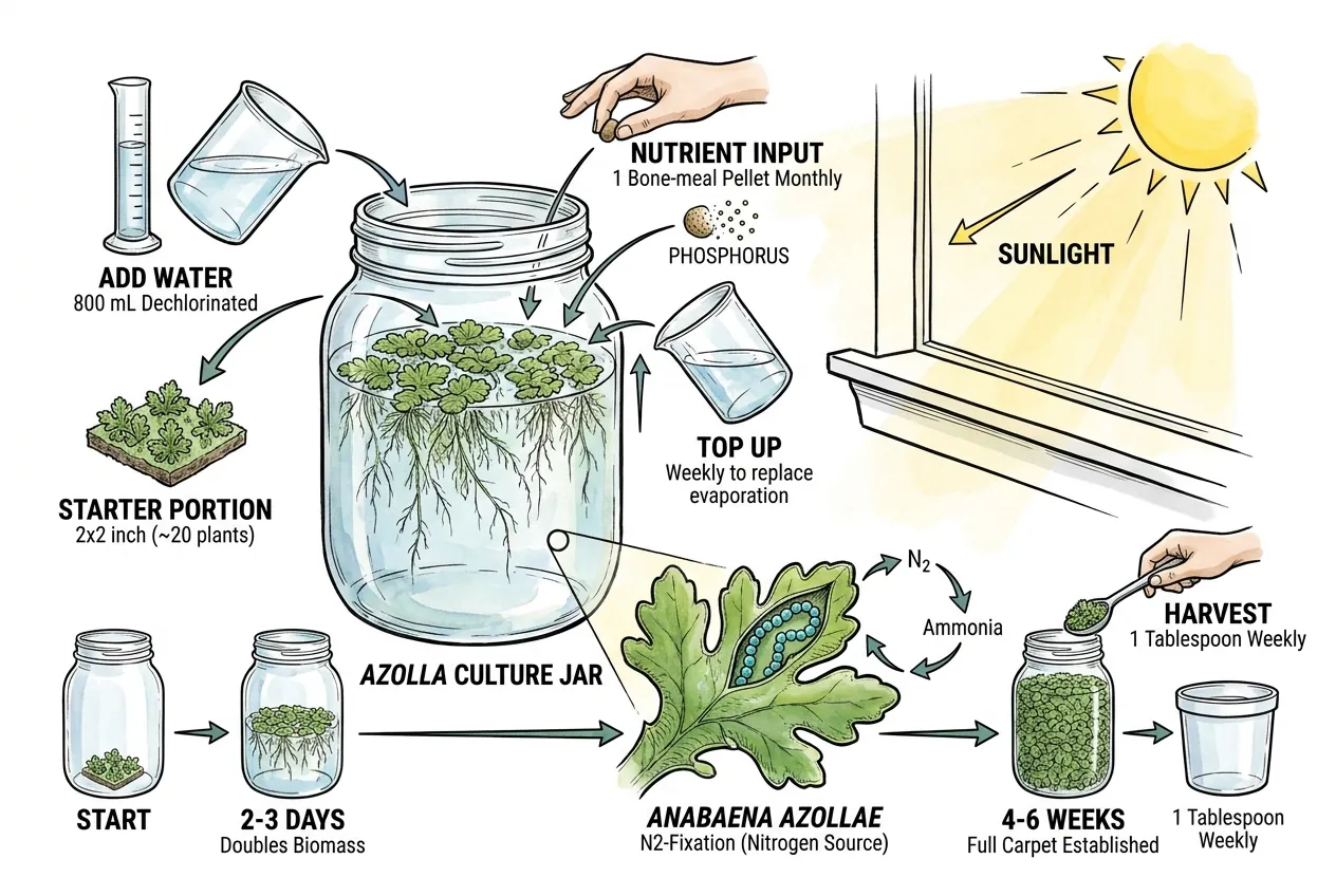 Azolla culture in a glass jar on a sunny windowsill