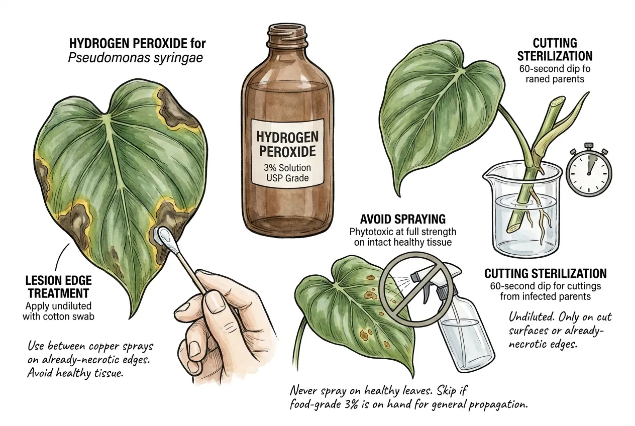 Cotton swab dabbing peroxide onto philodendron lesion edge