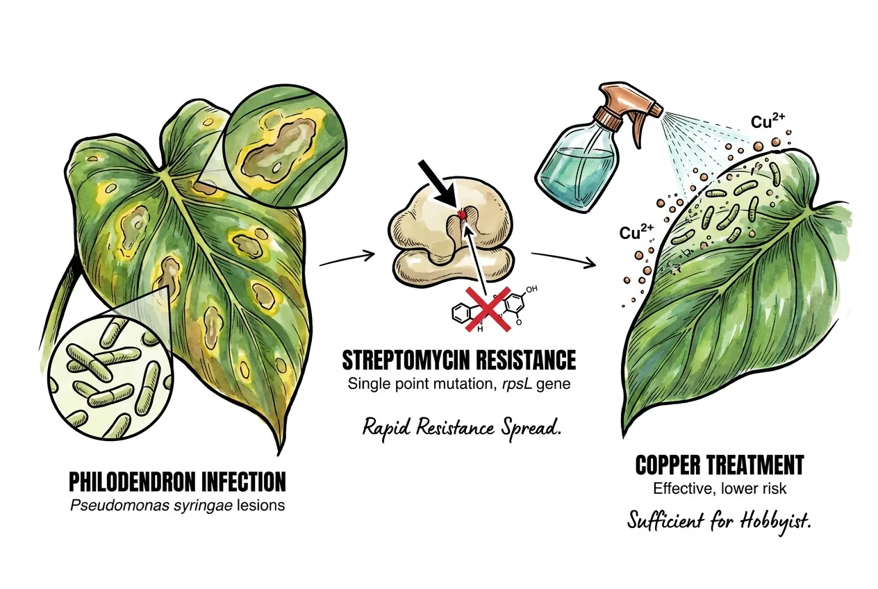 Streptomycin bottle crossed out beside copper bactericide alternative