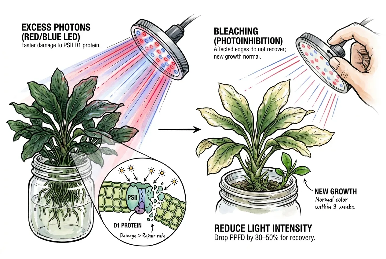 Bleached leaf margins indicating photoinhibition from excess light