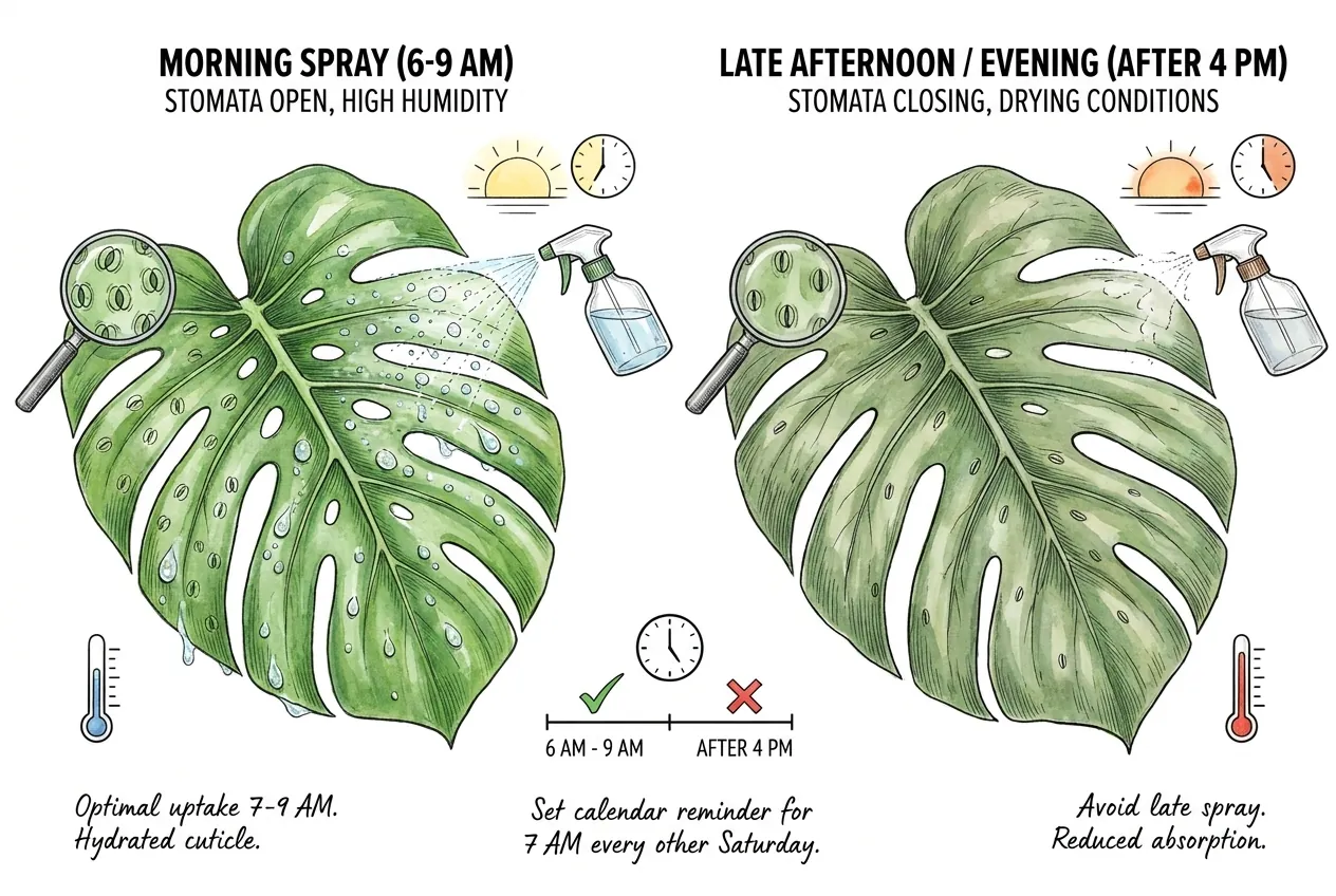 Morning spray application showing open stomata on Monstera leaf