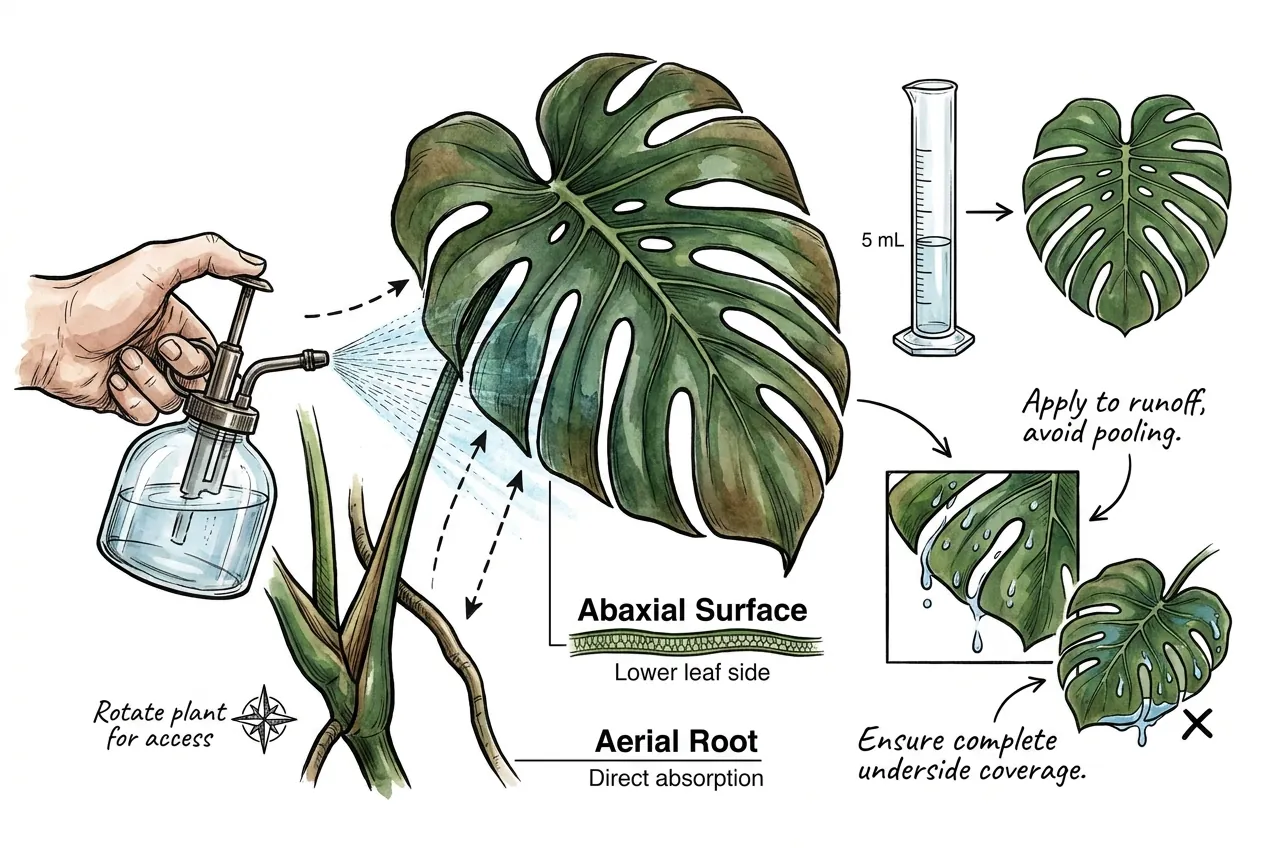 Foliar sprayer coating the underside of a Monstera leaf