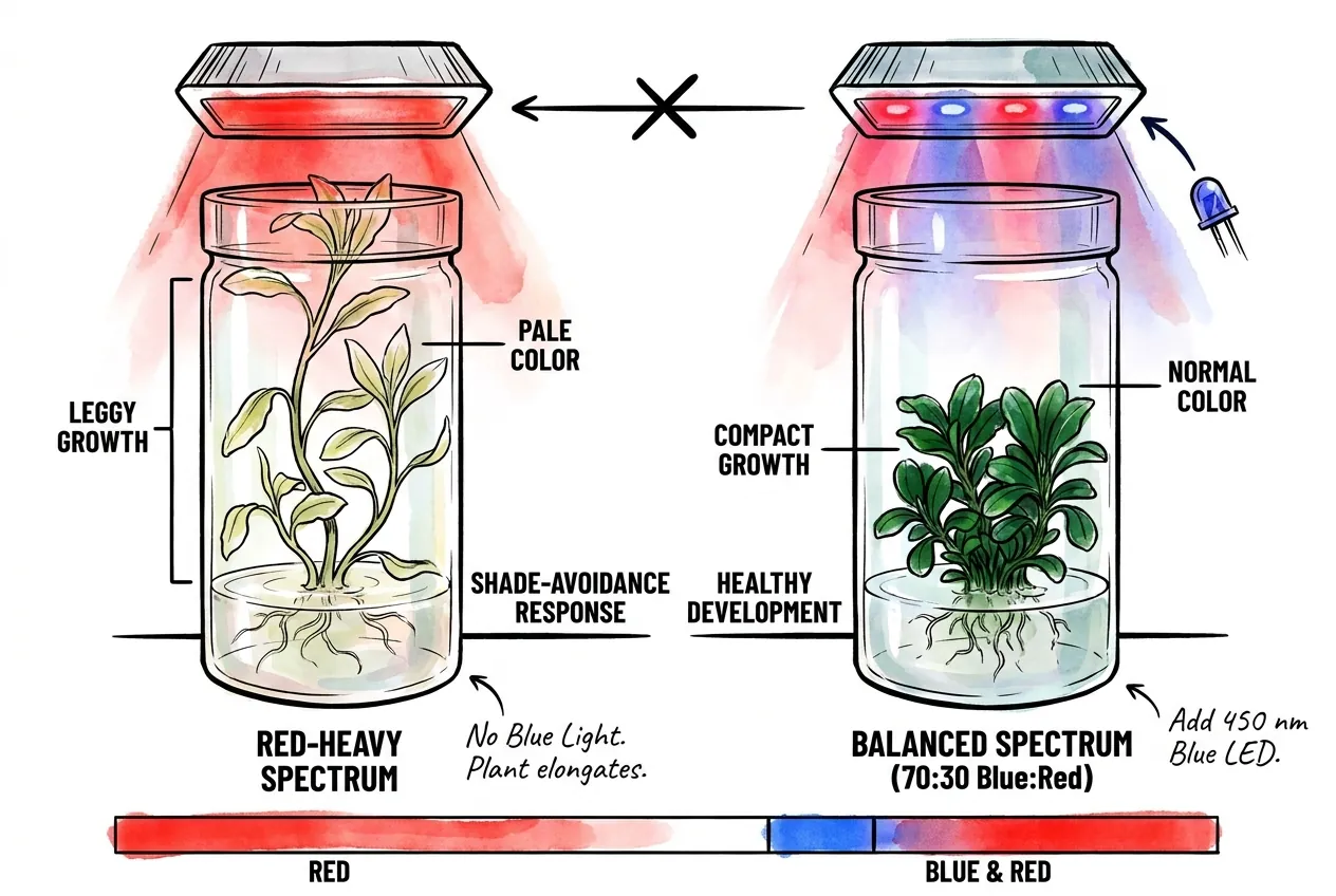 Pale elongated plantlet showing shade-avoidance under red-heavy spectrum