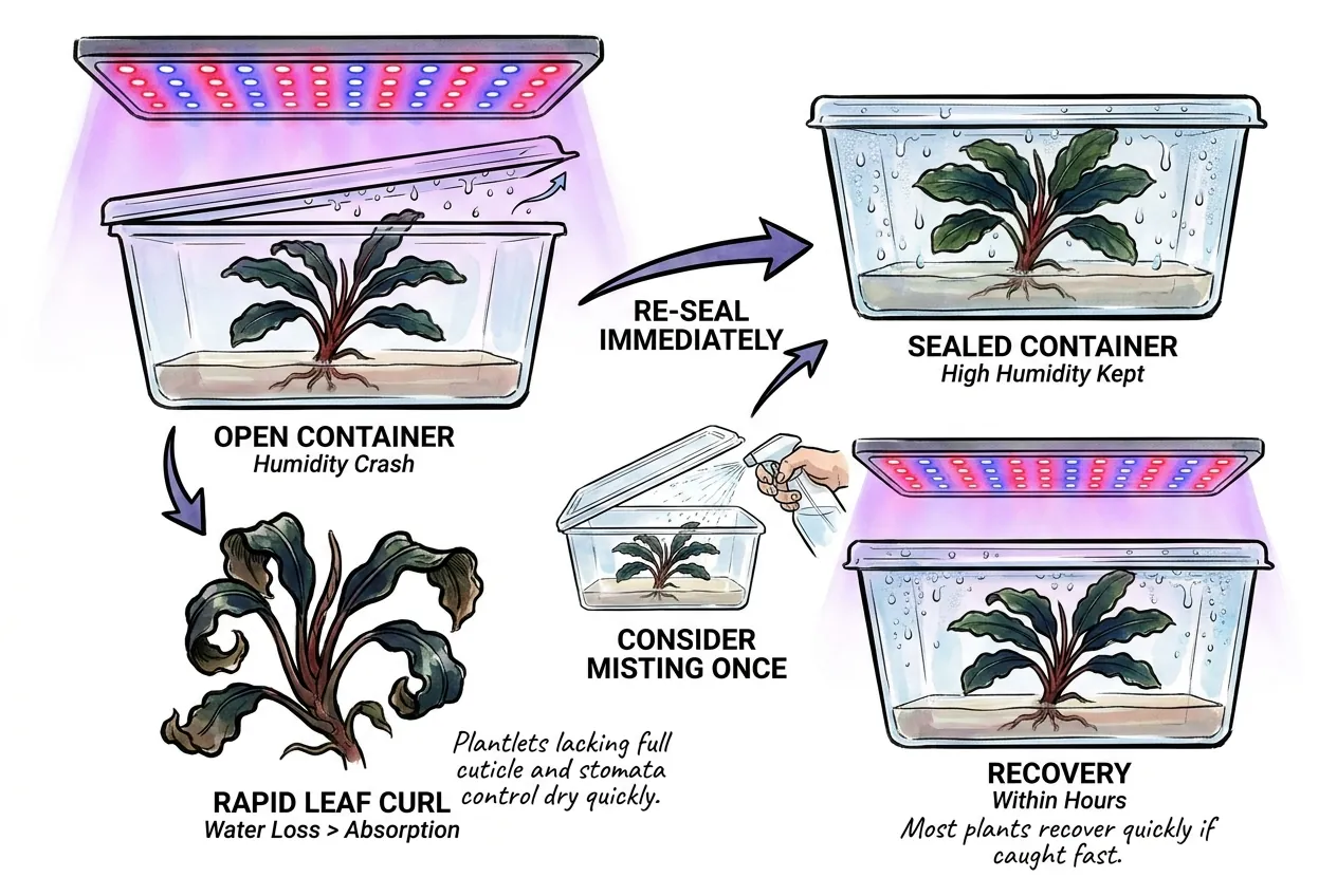 Curled Bucephalandra leaves signaling sudden humidity loss inside tote