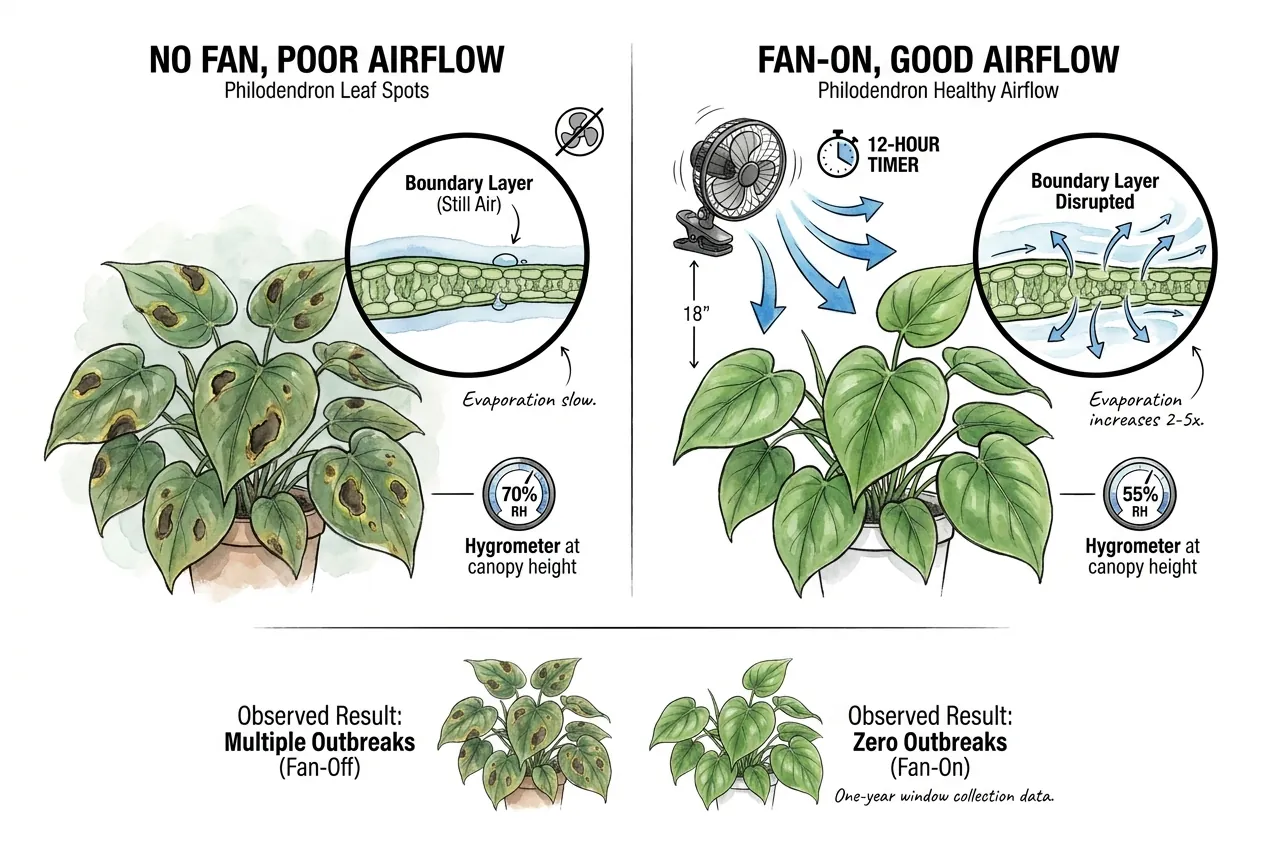 Clip fan and hygrometer at philodendron canopy on grow shelf