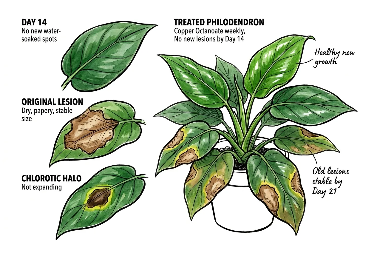 Philodendron leaf showing dry papery stable lesions with no new spots