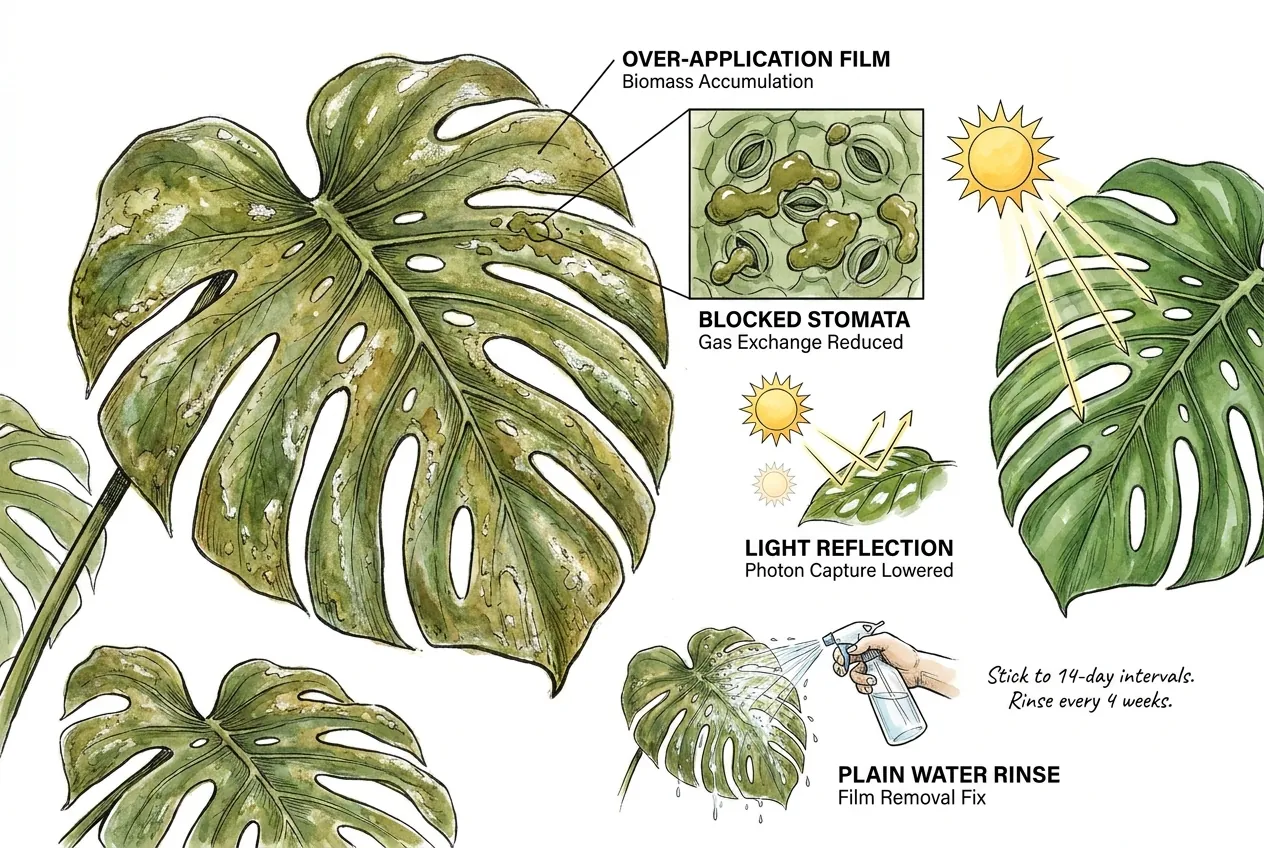 Over-applied biostimulant film clogging Monstera leaf stomata