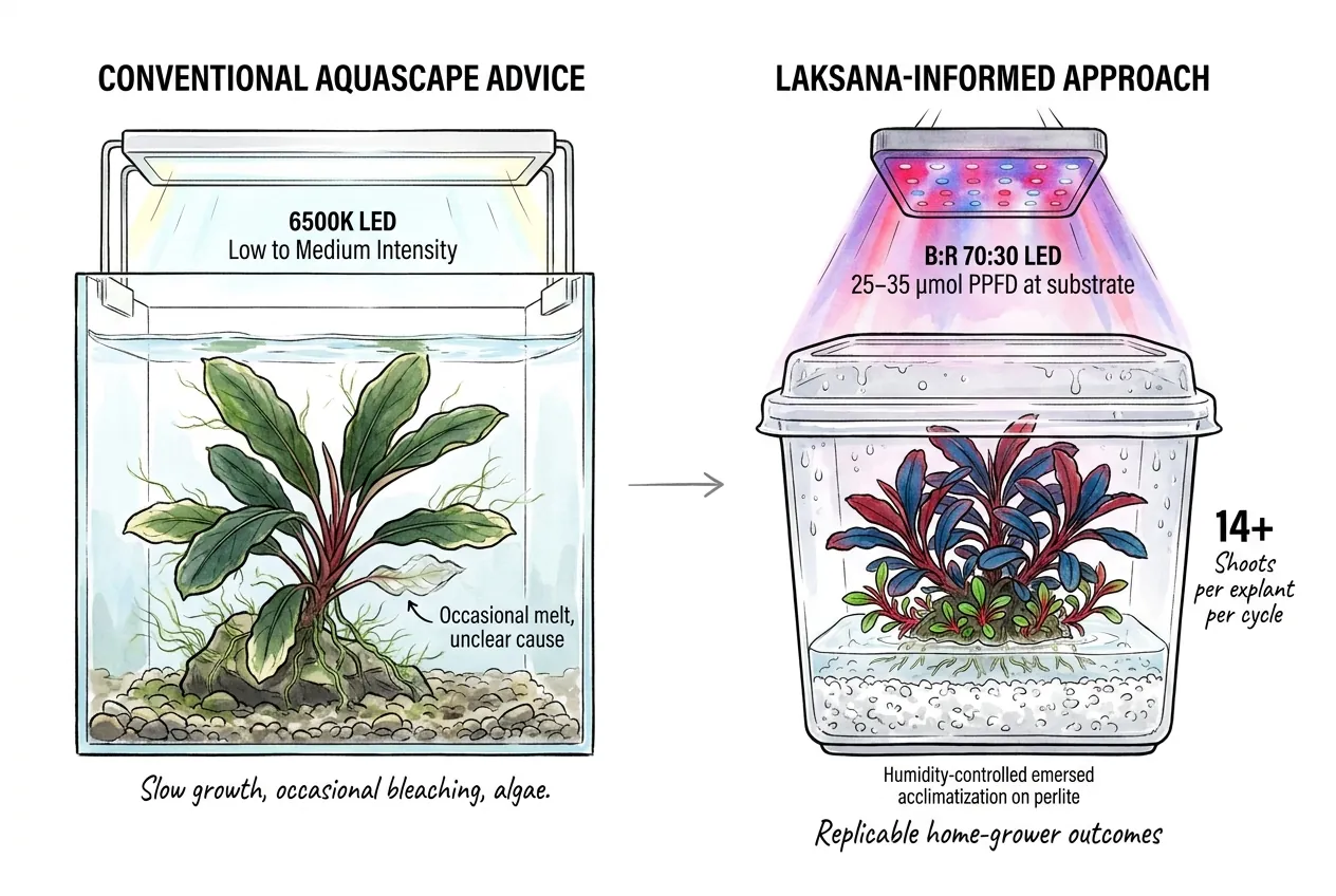 Side-by-side comparison of conventional and Laksana-informed growing approaches
