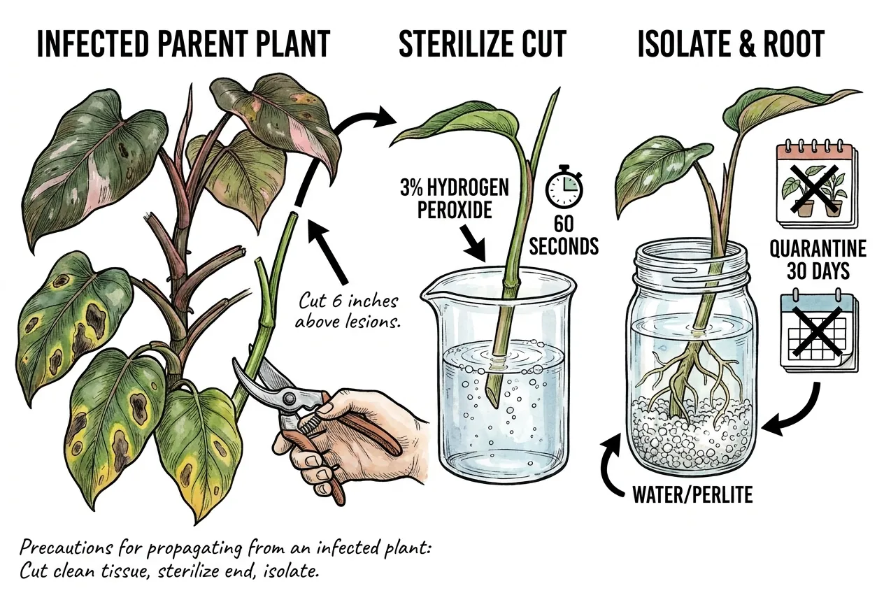 Clean philodendron cutting dipped in peroxide above infected parent