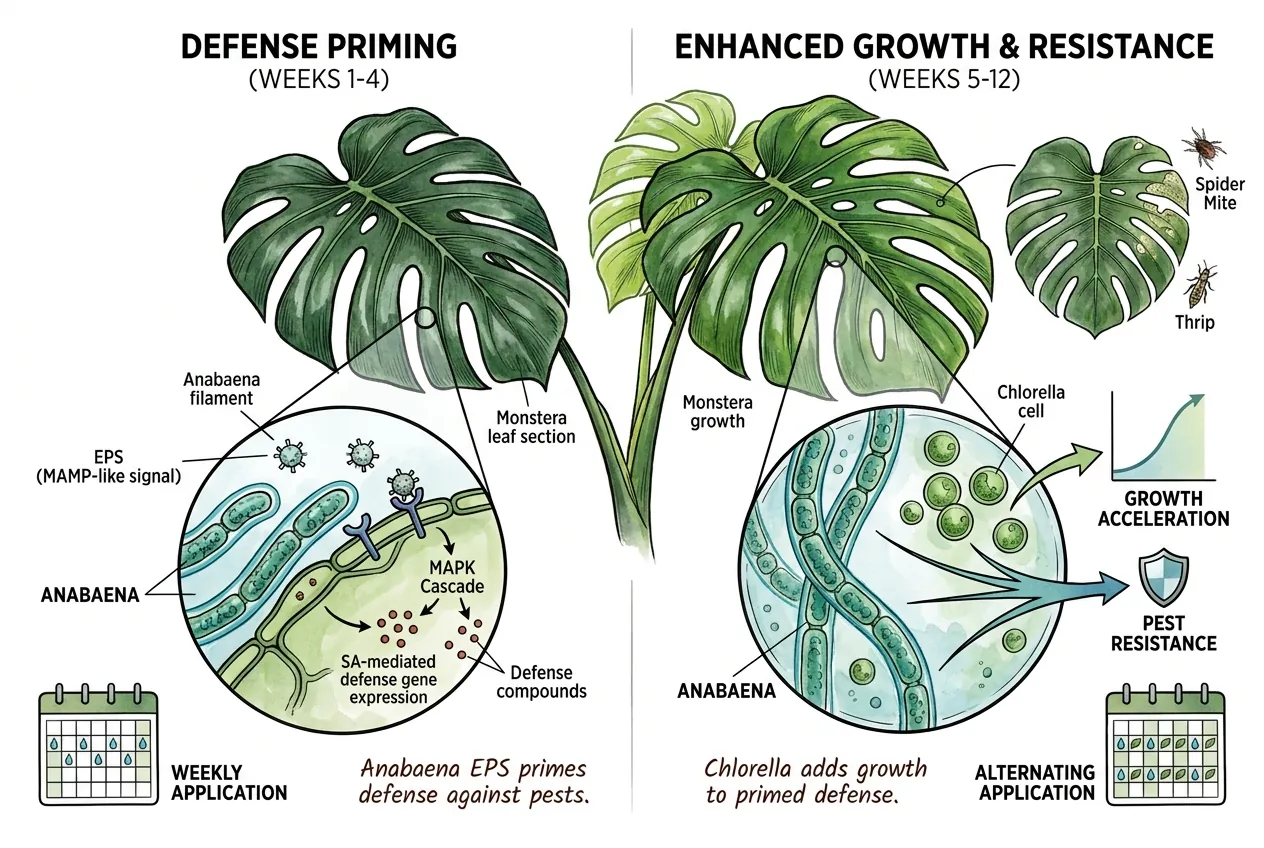 Anabaena EPS priming Monstera defense against spider mites