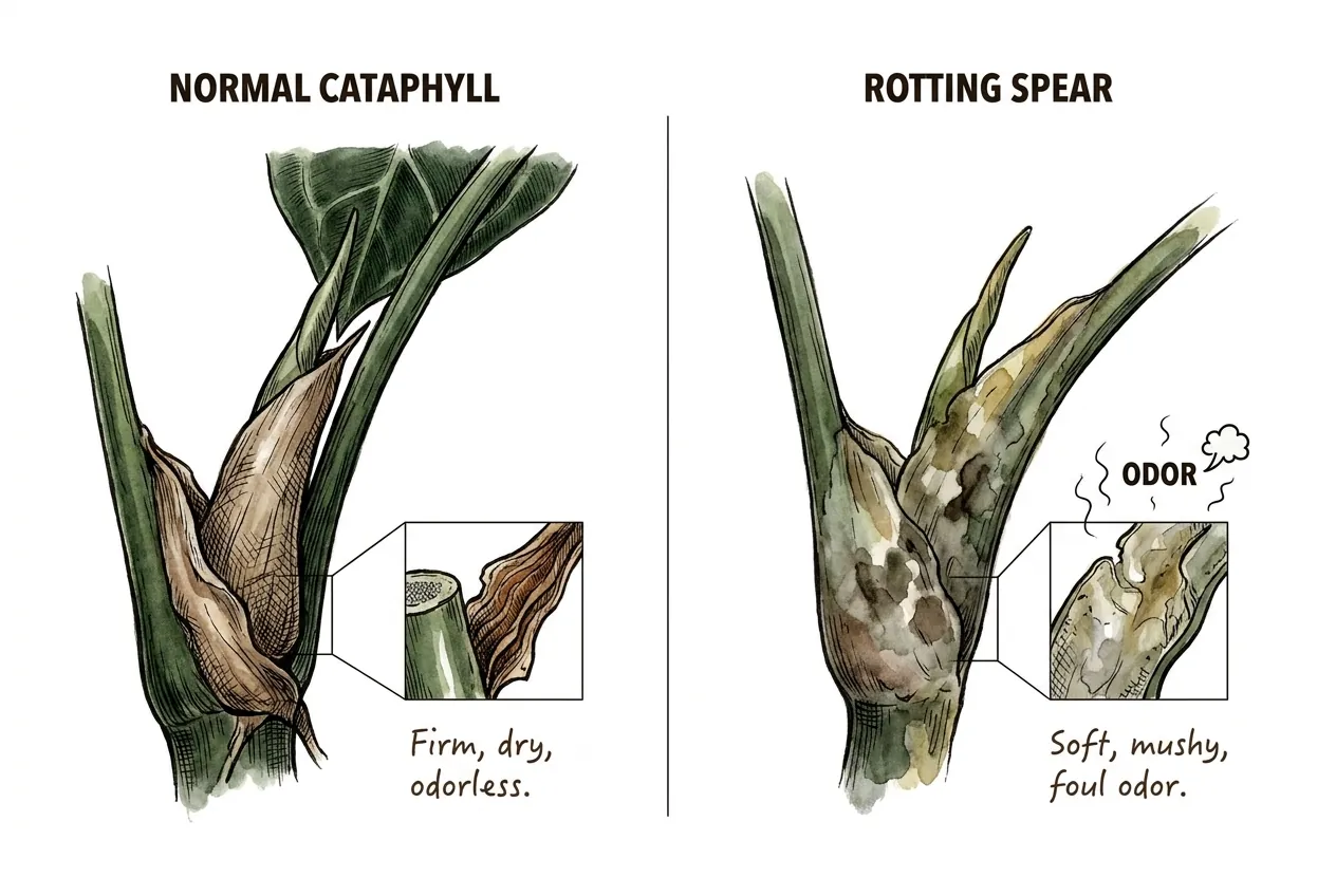 Papery tan spent cataphyll beside a soft water-soaked rotting spear on Anthurium clarinervium
