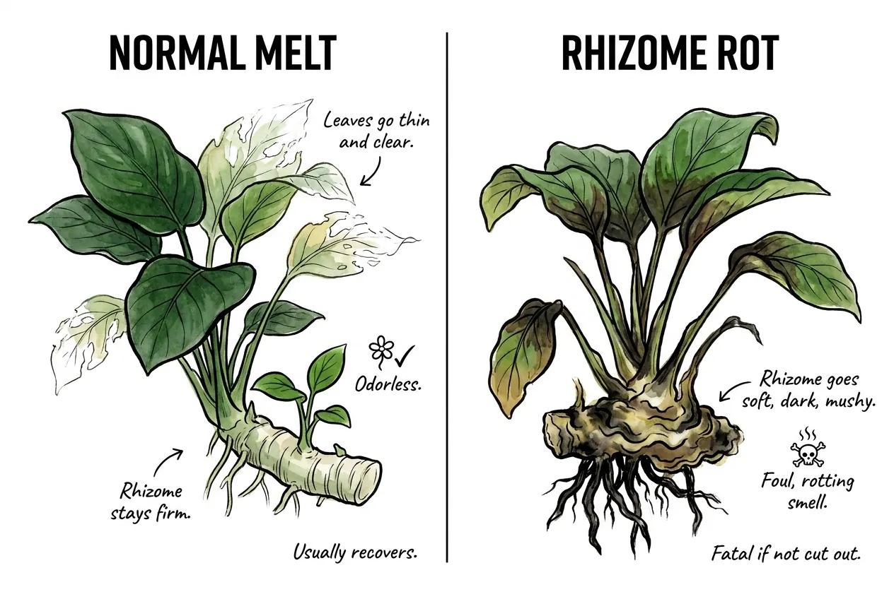 Firm pale Anubias rhizome beside a soft dark rotting one