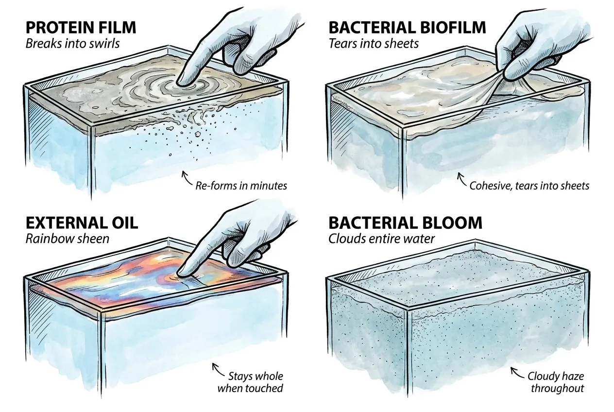 Comparison of aquarium surface film, biofilm, oil sheen, and bacterial bloom with touch test