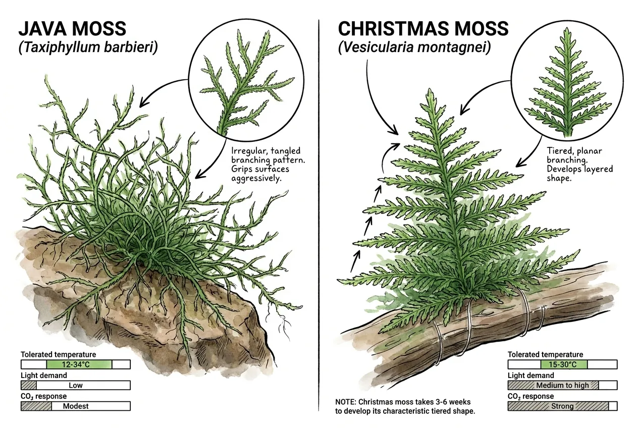 Side-by-side Java moss tangle and Christmas moss tiered fronds