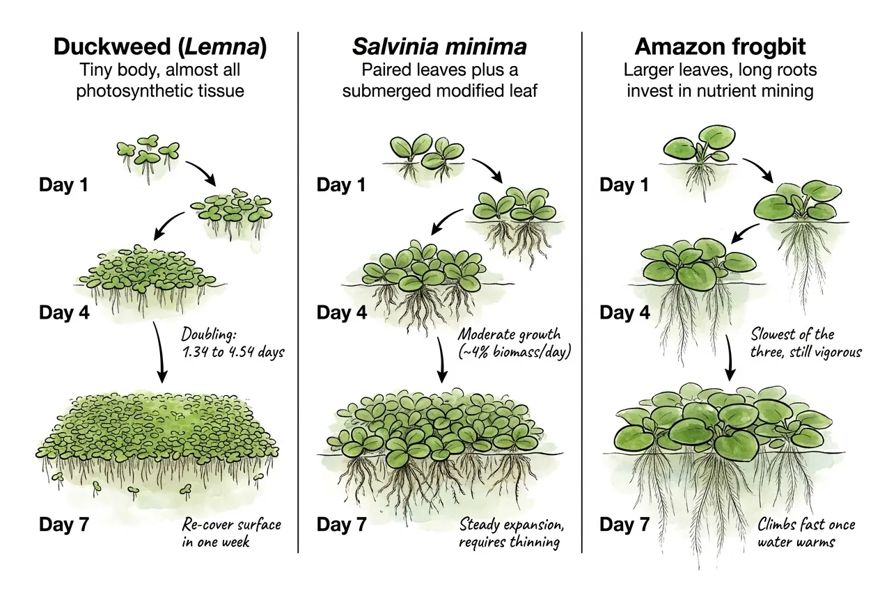 Duckweed, salvinia, and frogbit growth speed compared side by side