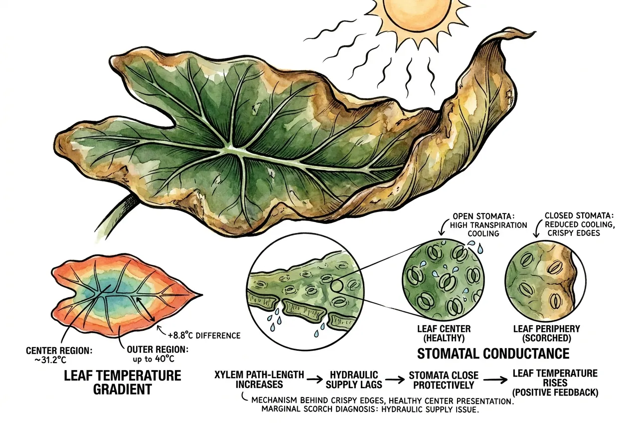 Alocasia leaf with hotter outer edges and cooler center showing hydraulic limitation