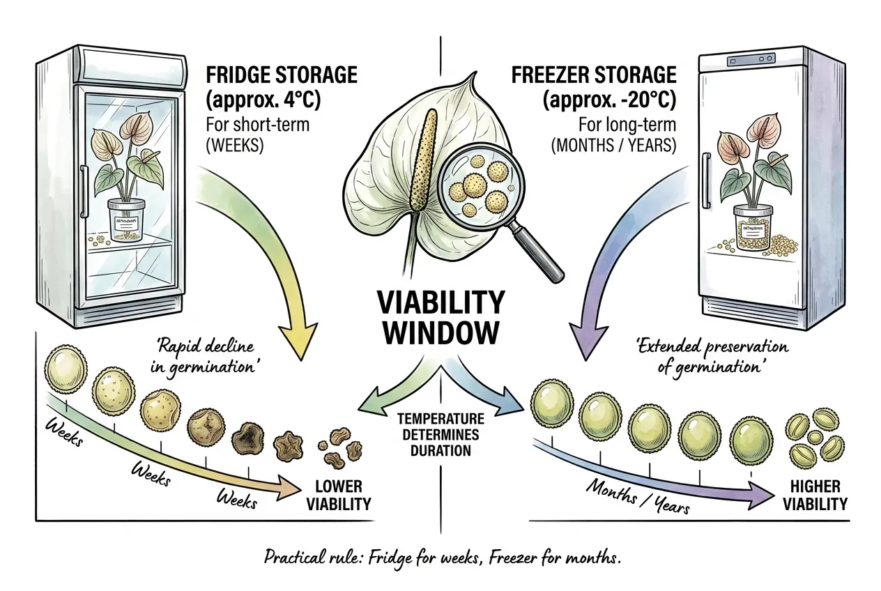 Pollen viability rising as storage temperature drops from room to freezer
