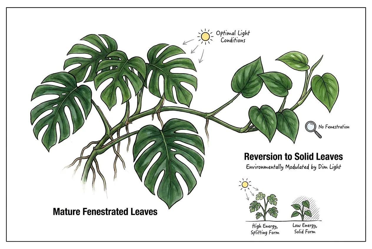 Round entire juvenile leaf beside a split fenestrated adult Mini Monstera leaf