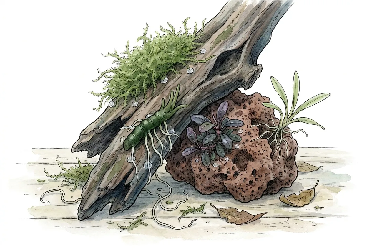 Watercolor close-up of Java moss, an Anubias rhizome, a purple Bucephalandra, and a small epiphyte pressed onto driftwood and porous lava rock with tiny clear adhesive dabs at the root contact points.