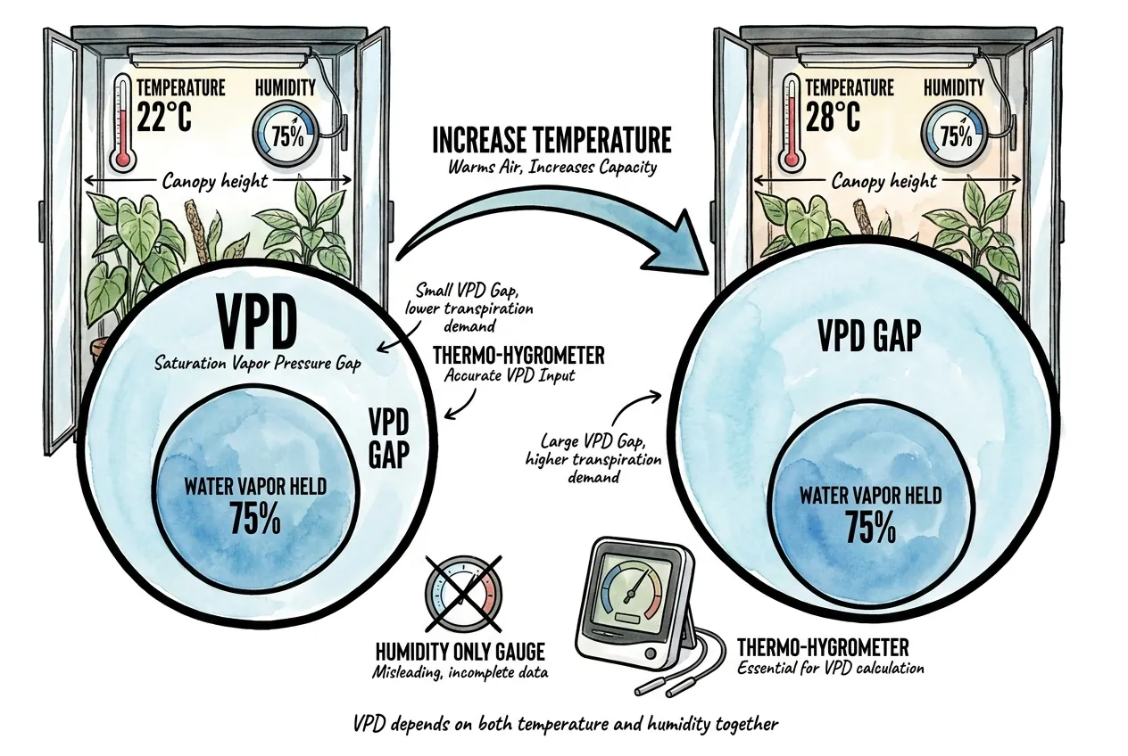 Same humidity reading mapping to different VPD at two cabinet temperatures