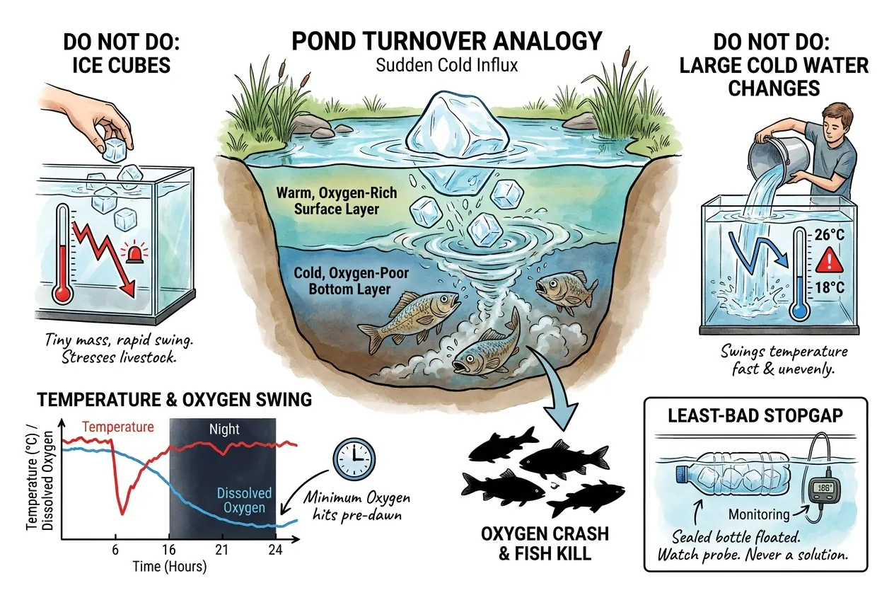 Crossed-out ice cubes and cold water changes, pond turnover fish kill, oxygen swing graph, sealed-bottle stopgap