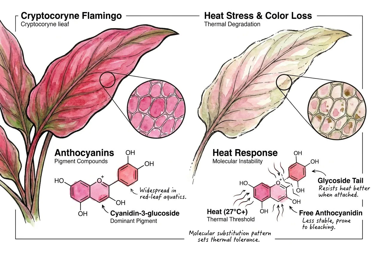 Cyanidin-3-glucoside molecule next to a pink Cryptocoryne leaf