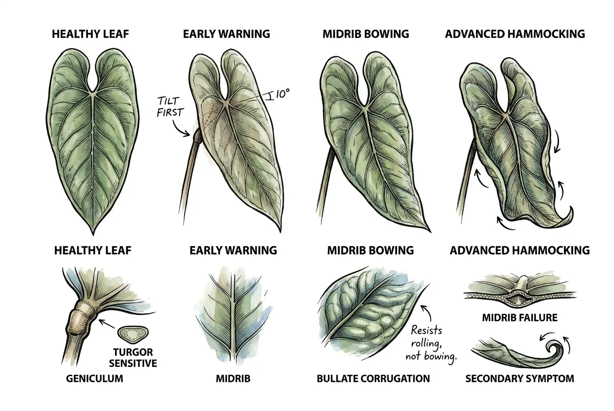 Geniculum tilting forward before midrib bow on pendant Anthurium leaf