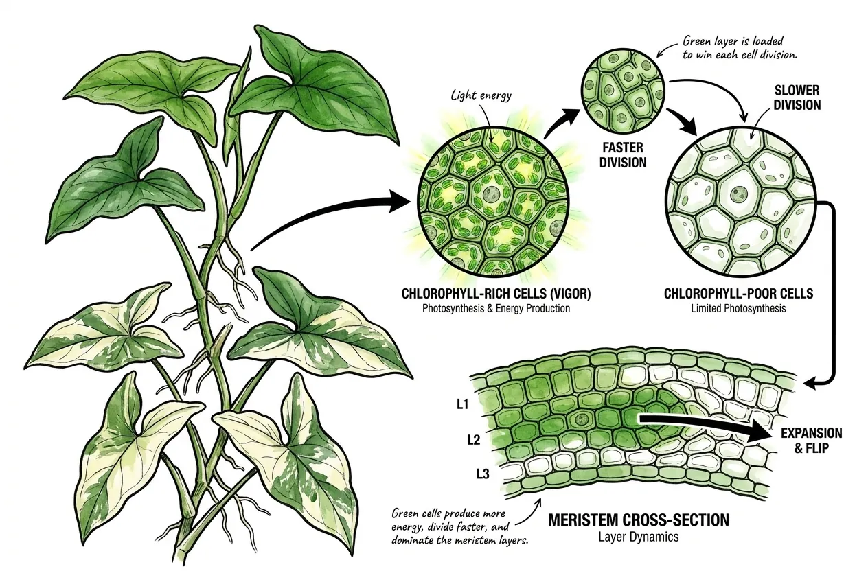 Green and white meristem cell layers competing at a growing tip