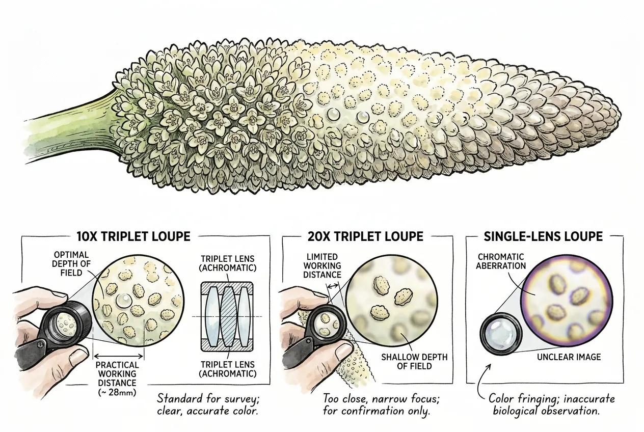 Botanical illustration of a 10x triplet hand loupe positioned over a vertical Anthurium warocqueanum spadix, showing working distance and field of view
