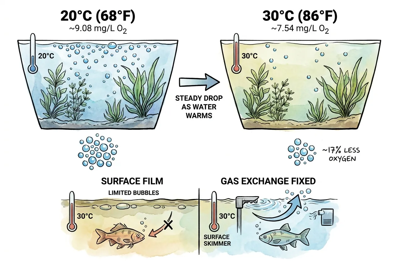 Dissolved oxygen falling as aquarium water warms from 20 to 30 degrees